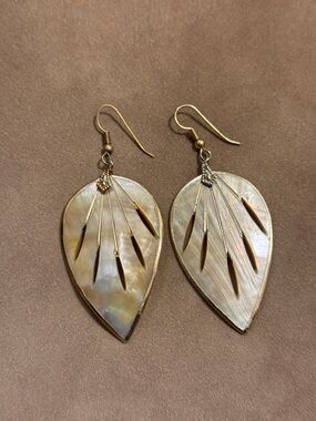 Gold-Tone Mother of Pearl Leaf Drop Earrings - Shell Inlay
